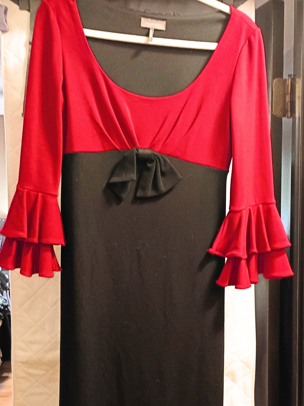 Joseph Ribkoff Red and Black Ruffle-Sleeve Midi Dress